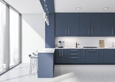 Interior of loft kitchen with white walls, concrete floor, dark blue countertops with cooker and sink and bar area with stools. 3d rendering